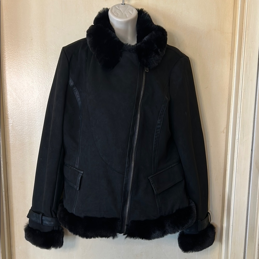 LA Coalition Black Faux Suede Bomber Jacket with Faux Fur Trim size XXL